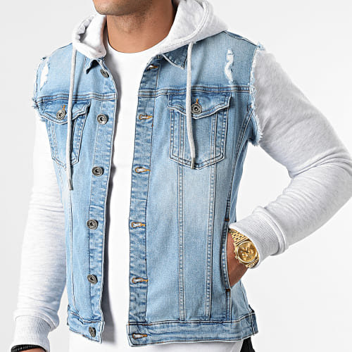 Veste Jean A Capuche 1519 Bleu Denim Gris Clair