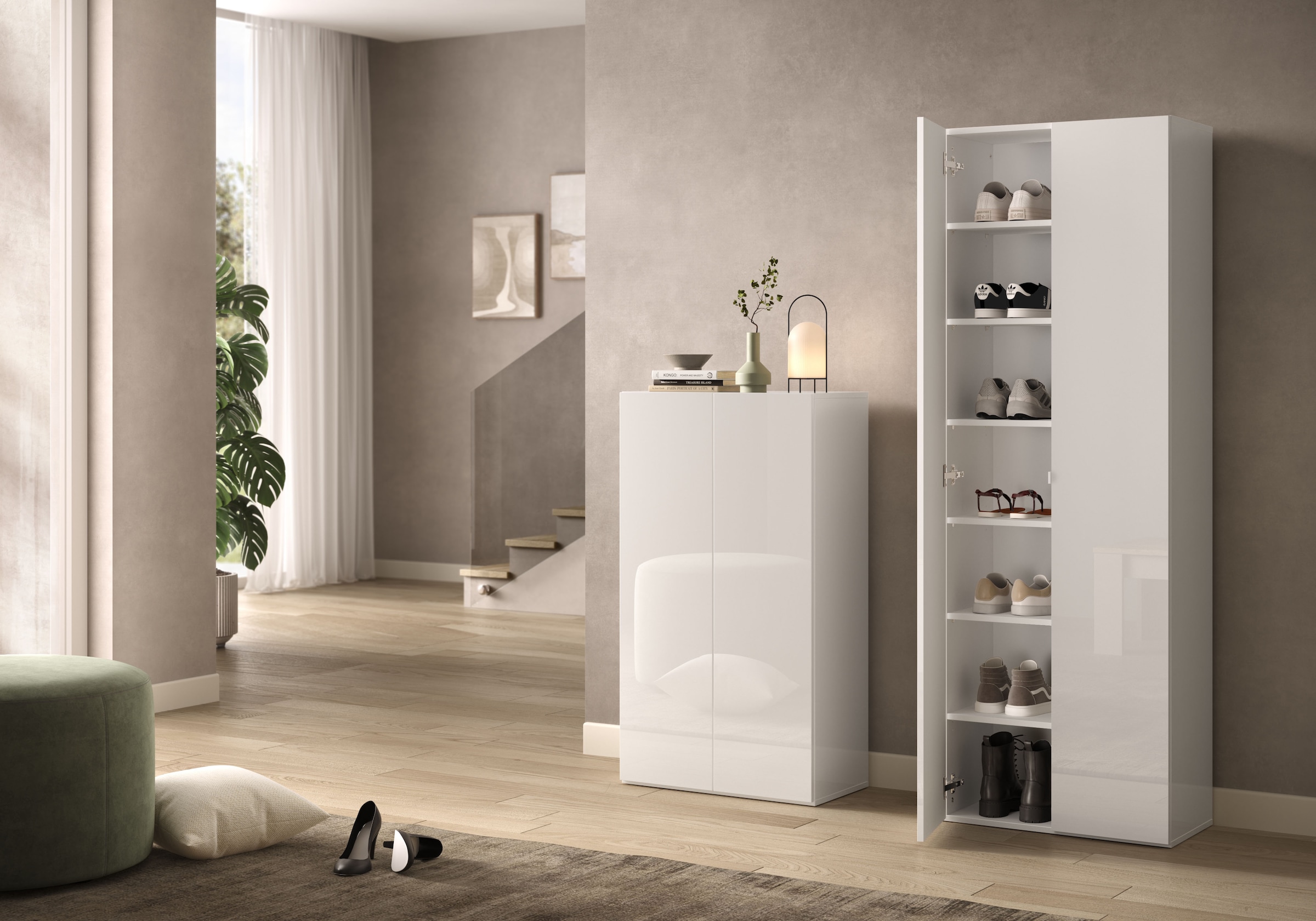INOSIGN Schuhschrank »SMILE Breite 63 cm, Höhe 114 cm, Schuhregal mit 5 Ebenen,« Schuhkommode in Weiss Hochglanz Lack