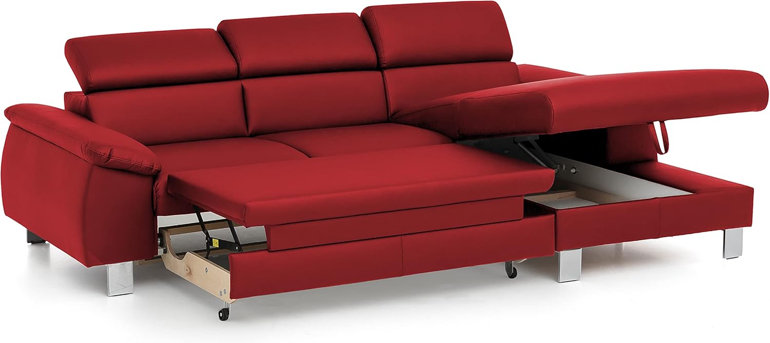 Mivano Ecksofa Micky mit Recamiere / L-Form-Sofa mit Schlaffunktion, Bettkasten und Kopfteilverstellung / 244 x 72 x 166 / Kunstleder, Rot