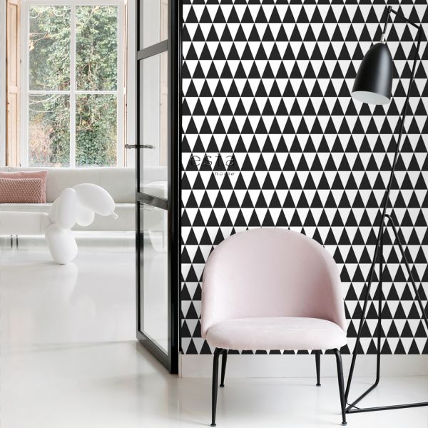Estahome Grafische Driehoeken Behang - Zwart / Mat Wit