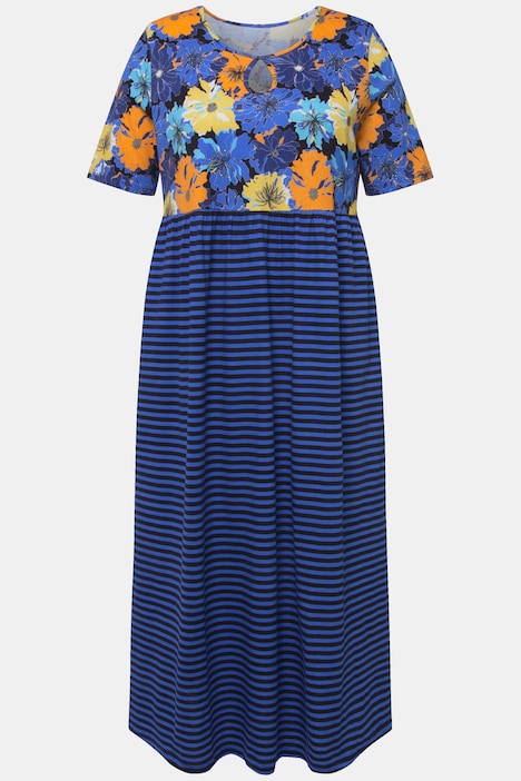Jerseykleid, Blüten/Streifen, A-Linie, Rundhals, Halbarm