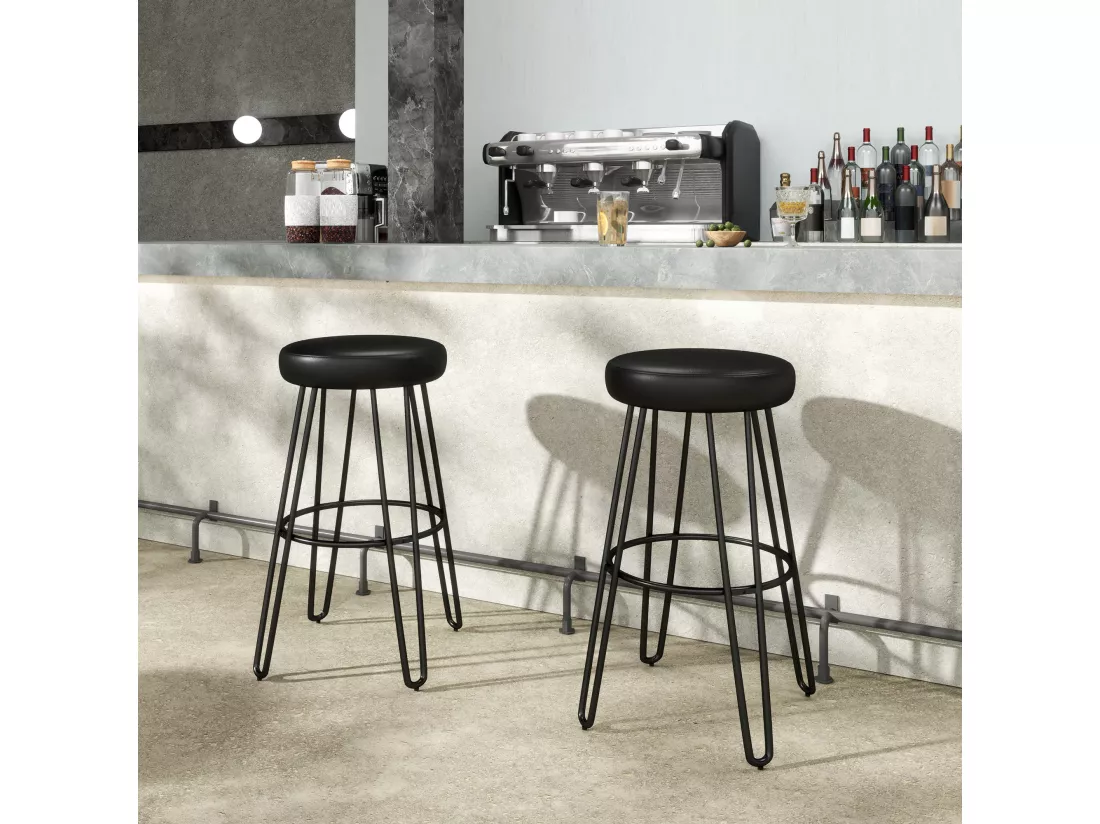 Lot de 2 tabourets de bar style industriel - repose-pieds - piètement épingle acier assise ronde noir