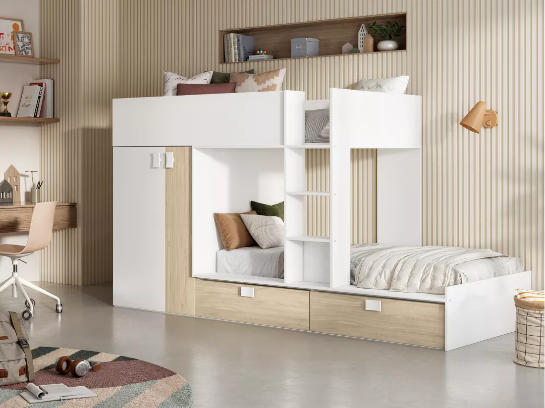 Lits Superposés 2 x 90 x 190 cm - Armoire intégrée - Blanc et naturel - JUANITO