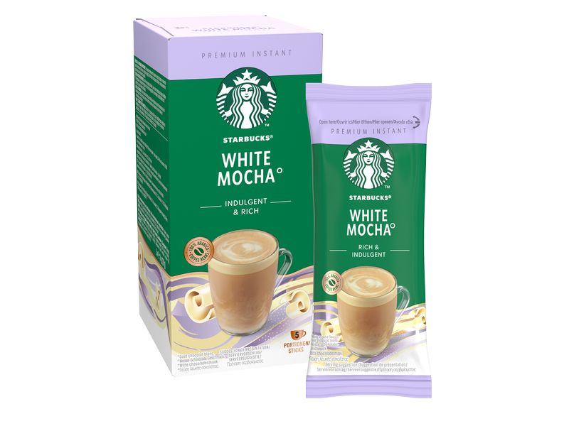 Starbucks Instant Kaffee White Mocha 5 Stück Getränkepulver mit löslichem Kaffee. Weisse-Schokolade-Geschmack.
