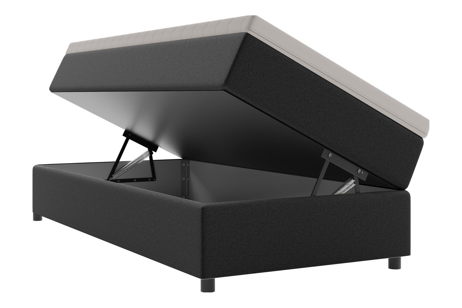 Premium 10 oppbevaringsseng 90x200 cm Magasinseng med oppbevaring, åpnes fra siden. I tekstil terranova 1 sort, med medium fasthetsgrad og premium 10 overmadrass,Sorte ben. Sengegavl selges separat.