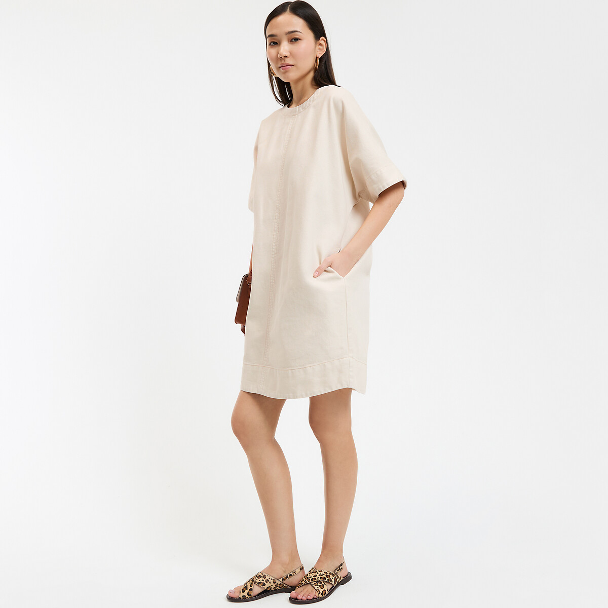 COLEÇÕES LA REDOUTE<br>Vestido evasê, jeans, mangas curtas