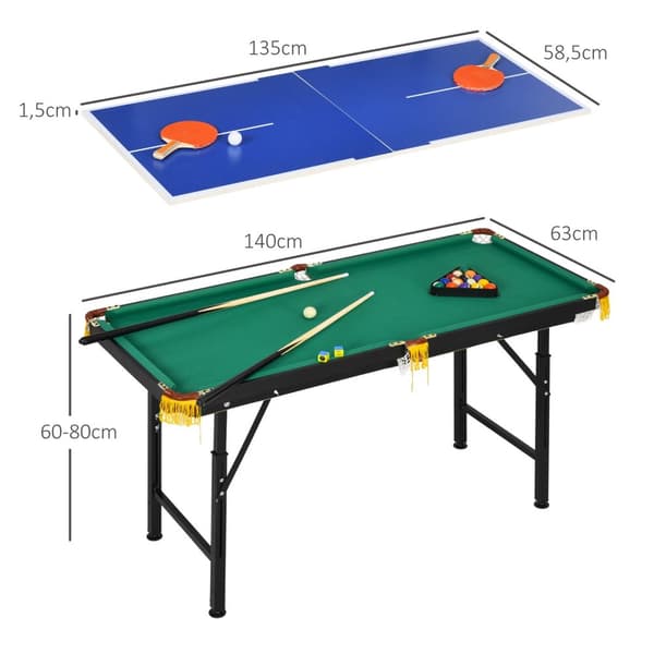 Multigame Spill Bord 2-I-1 Multifunksjonell Bordtennis Biljard Tilbehør Barn Tenåringer Voksne Stål 140X63X60-80Cm Grønn