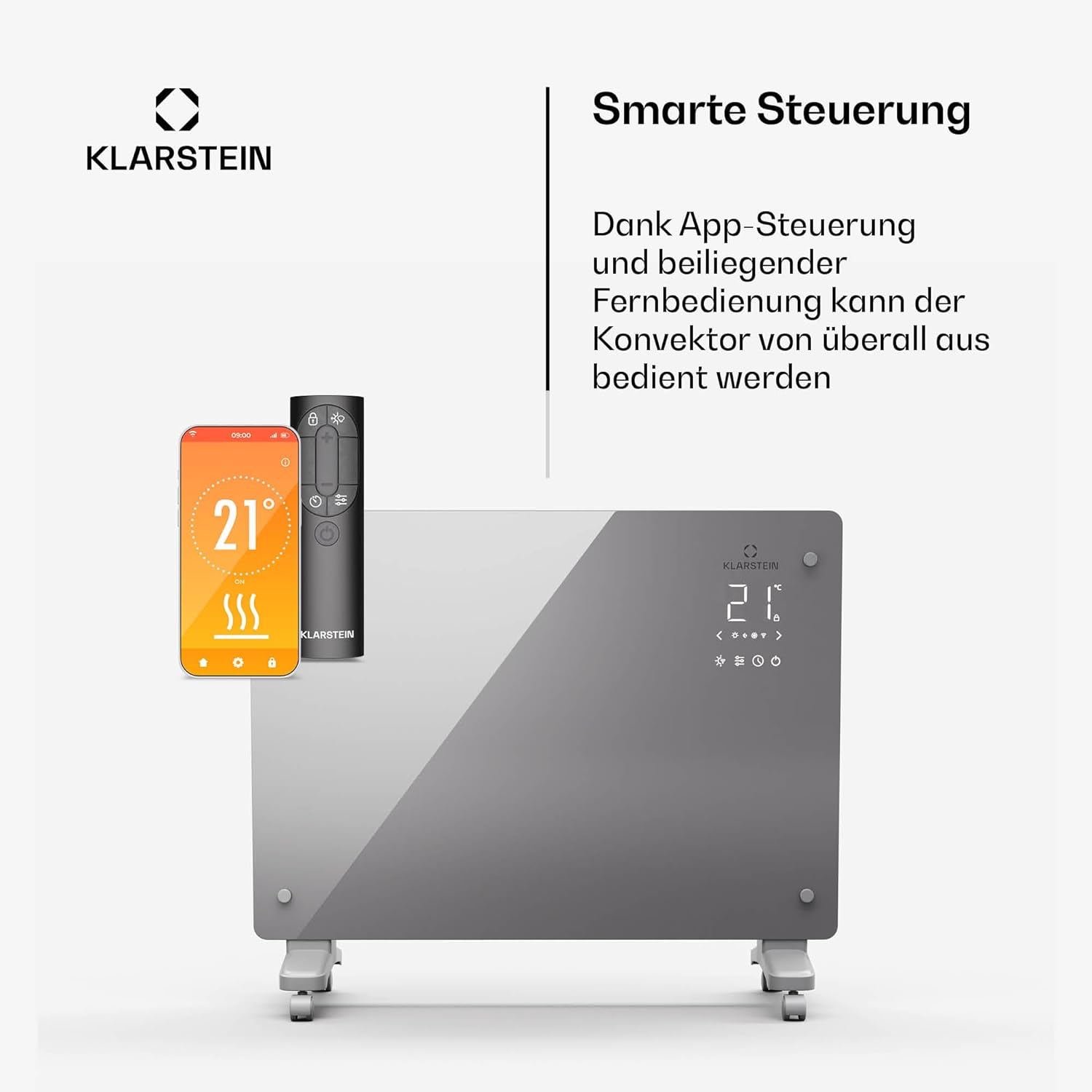 Klarstein Bansin Crystal Smart Konvektorheizung – 1500 W, Wandmontage/Freistehend, Led-Anzeige, App-Steuerung, Energieeffizient, Überhitzungs- und Frostschutz, Kindersicherung, Ideal für Wohnzimmer