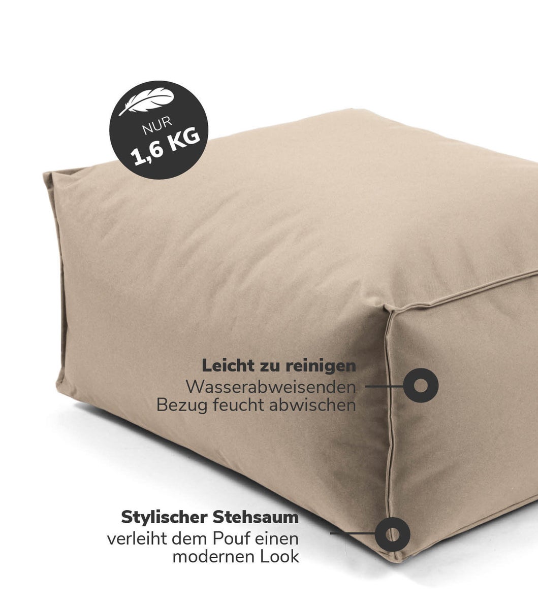 Buitenpoef of kruk 60x45cm in beige voor balkon en tuin 'The Calm One' vierkant vloerkussen, zitkubus, poef, voetenbankje en bijzettafel met EPS-korrelvulling, ook geschikt voor binnengebruik