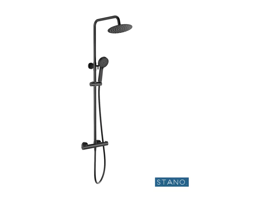 Pack Receveur de douche 90 x 140 cm extra plat gris basalte + Colonne de douche thermostatique noir mat