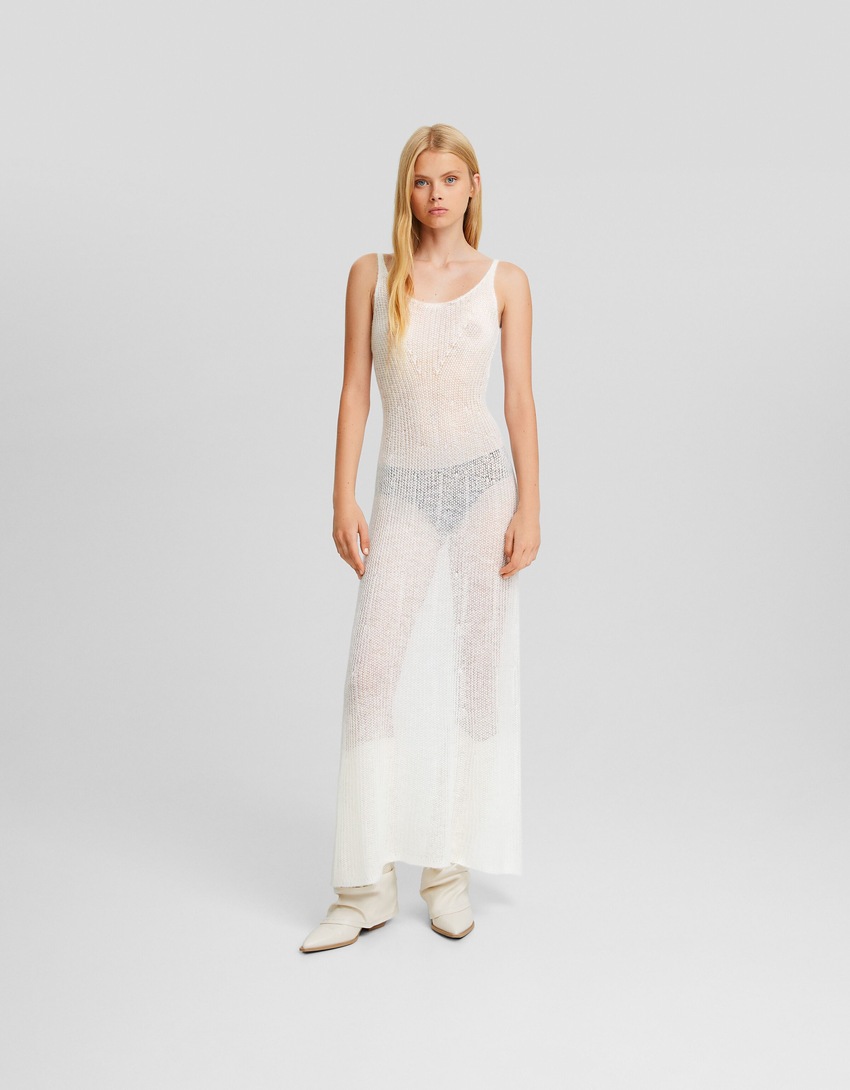 Vestido longo de malha aberta com alças finas