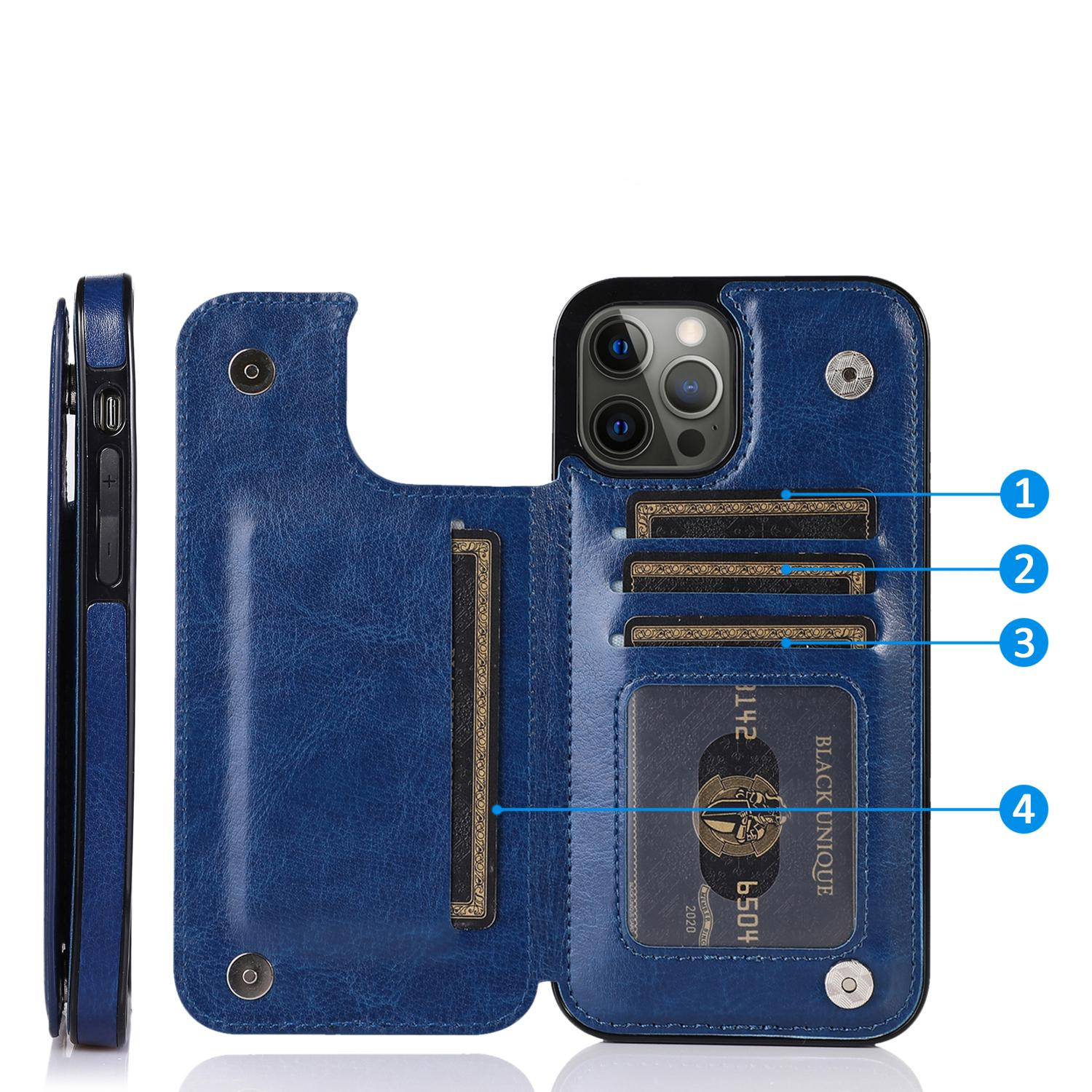 iPhone 14 Pro Hybrid Leder Hülle mit Kartenfach   Kickstand Aufsteller - Blau