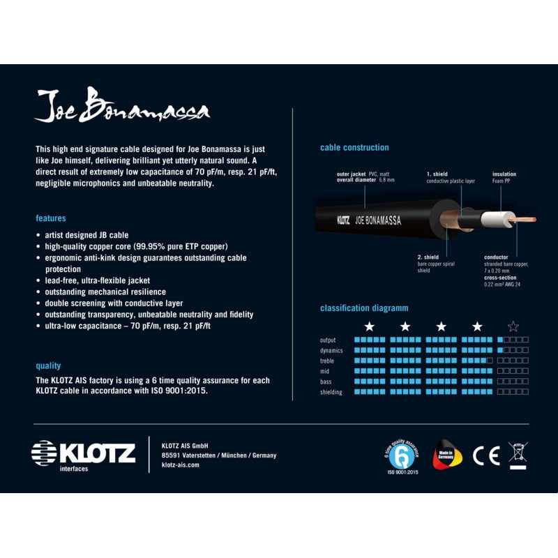 Klotz JBNPP090 Joe Bonamassa gitaarkabel 9 meter recht - recht