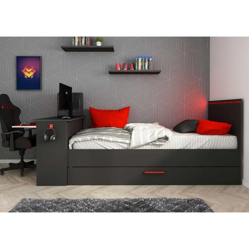 Bed Bzone 90x200 cm met bedlade, bureau en ledverlichting - antraciet