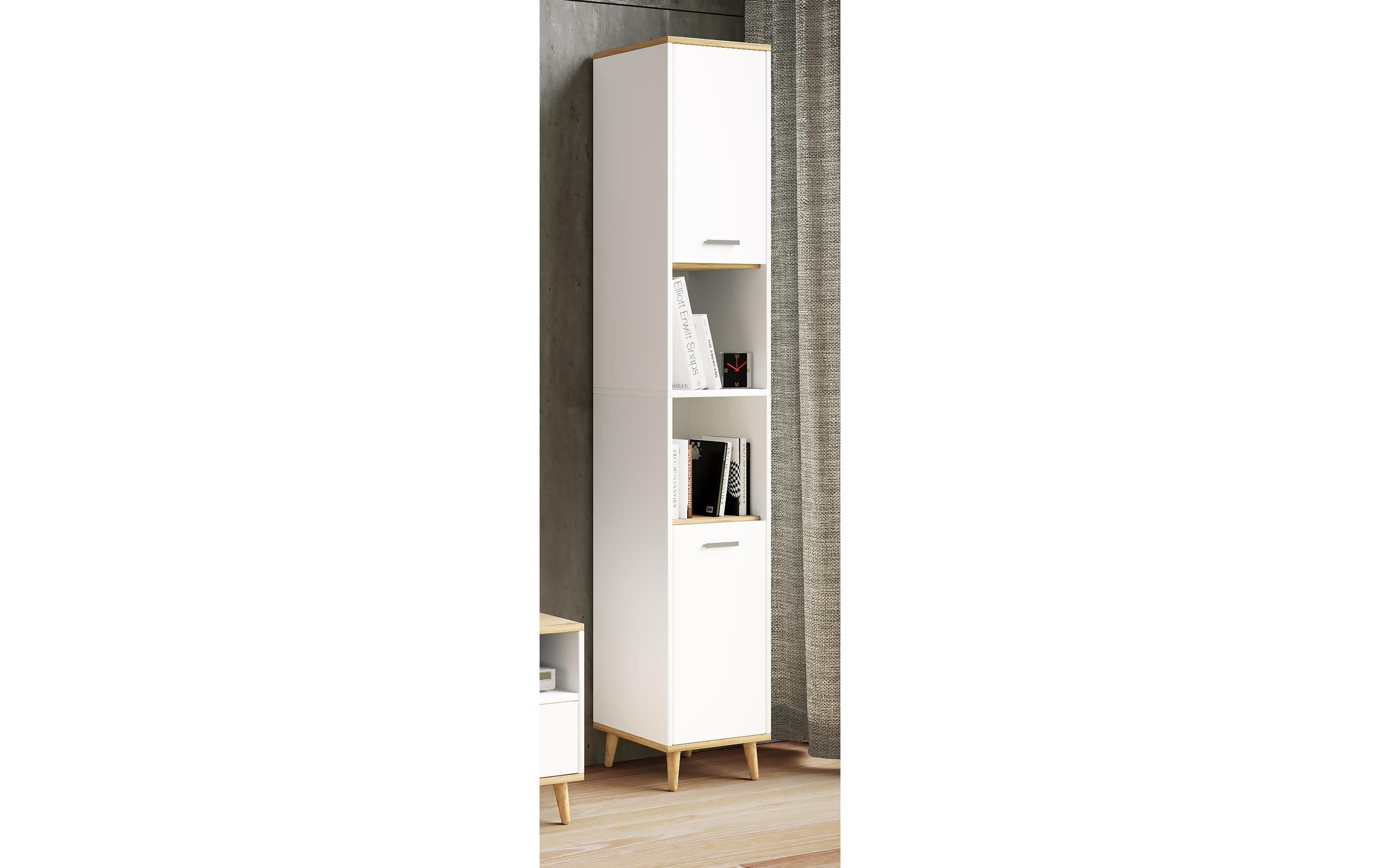 Badezimmerregal Landos 32 x 184 cm, Weiss/Honig-EicheModerner Hochschrank für das Badezimmer