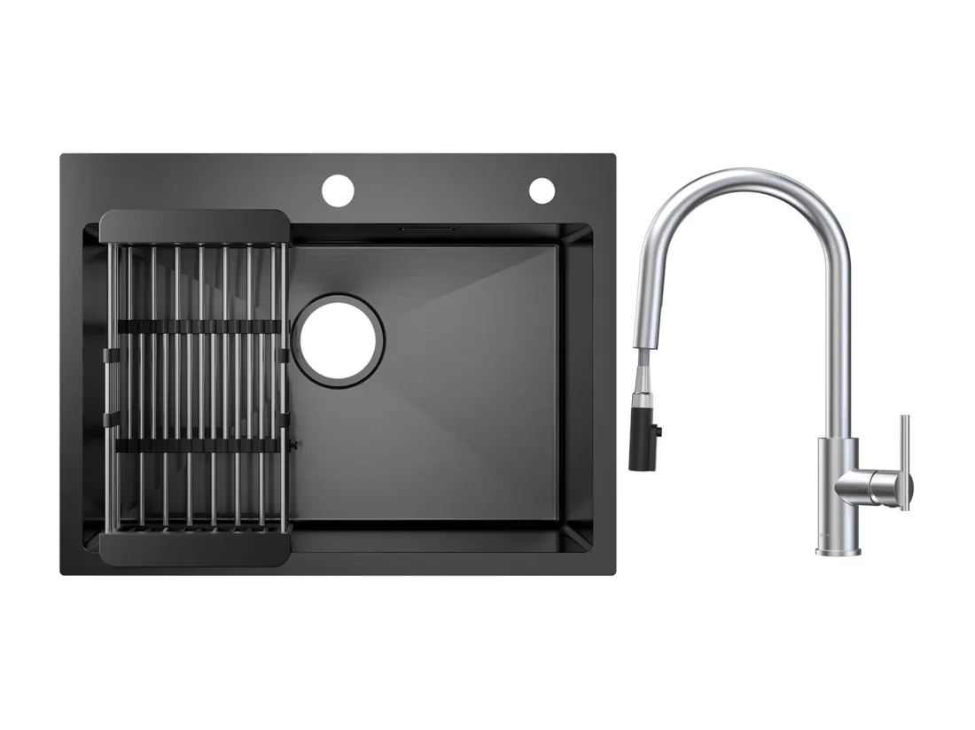 Évier de Cuisine Inox 60×45cm, Évier 1 Bac avec Panier de Drainage + Mitigeur de Cuisine Avec Douchette Extractible, 2 Modes de Sortie D'eau, Brossé