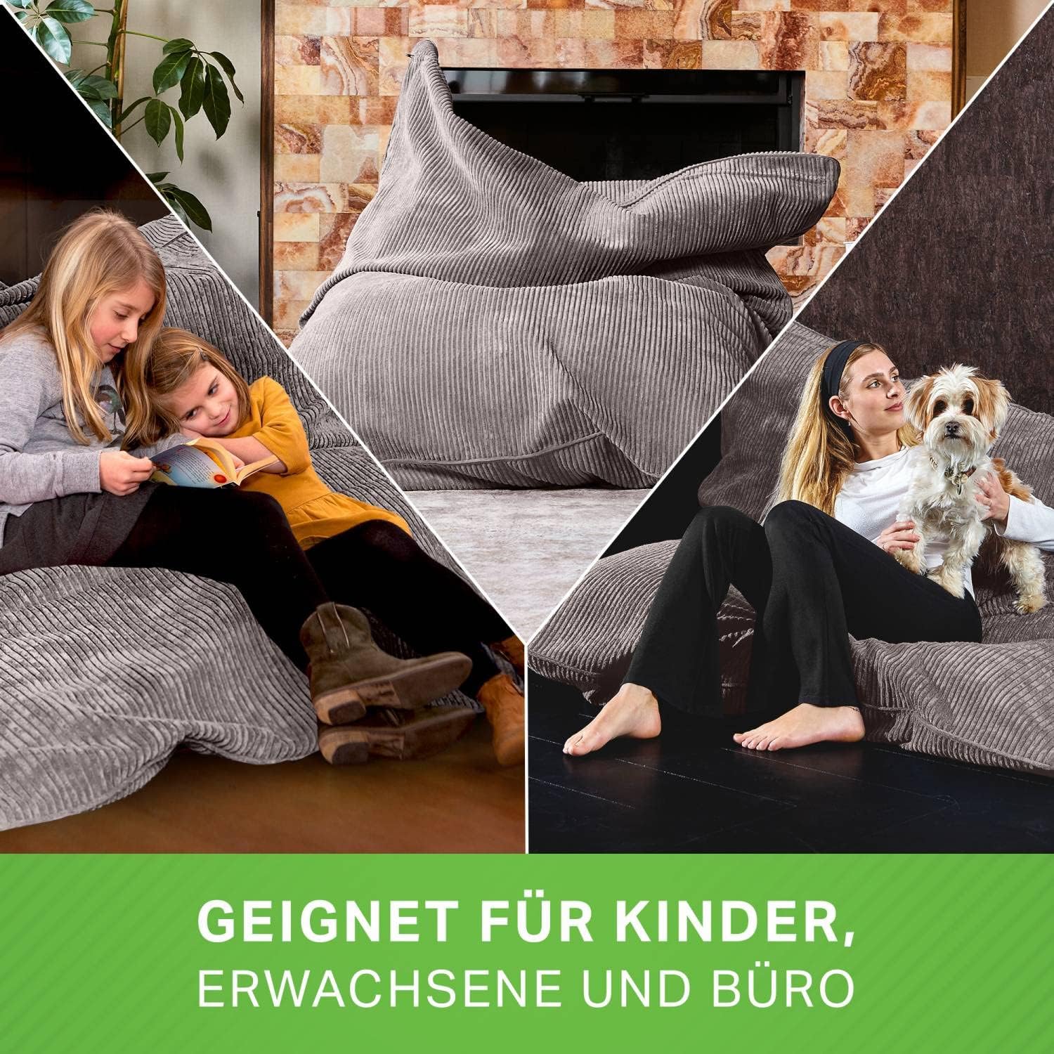 Green Bean XXL Sitzsack aus Cordstoff 370 Liter EPS-Perlen Füllung - Kuschelig Weich Robust & Waschbarem-Stoff Bodenkissen Liegekissen Sitzkissen - Grau