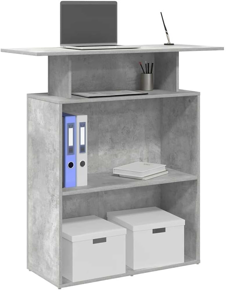 Empfangstheke Betongrau, 100x40x104 cm, Holzwerkstoff, mit integriertem Regal, für Büro, Hotel, Salon, Schreibtisch mit Stauraum, Computer Desk
