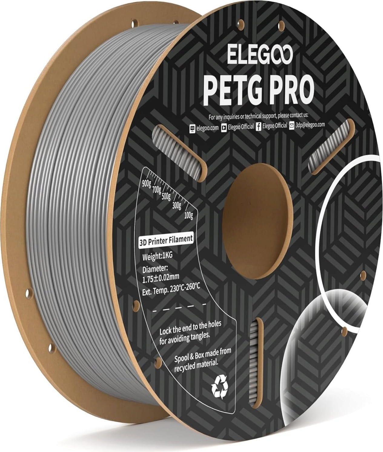 Elegoo  PETG PRO Silver, 1,75 mm / 1000 g    PETG Filament mit hervorragender Dimensionsstabilität in Silber