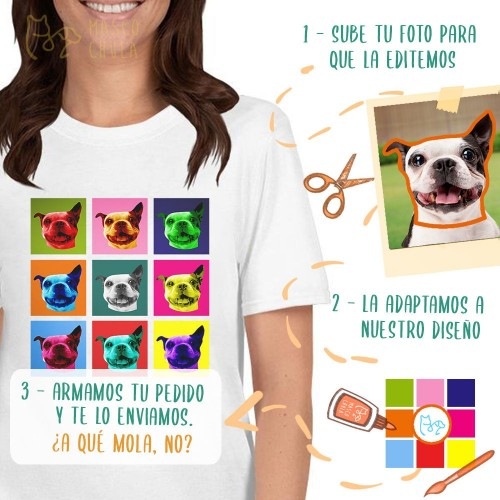 Camiseta feminina Mascochula, estilo Warhol, personalizada com a foto do seu animal de estimação azul-marinho.