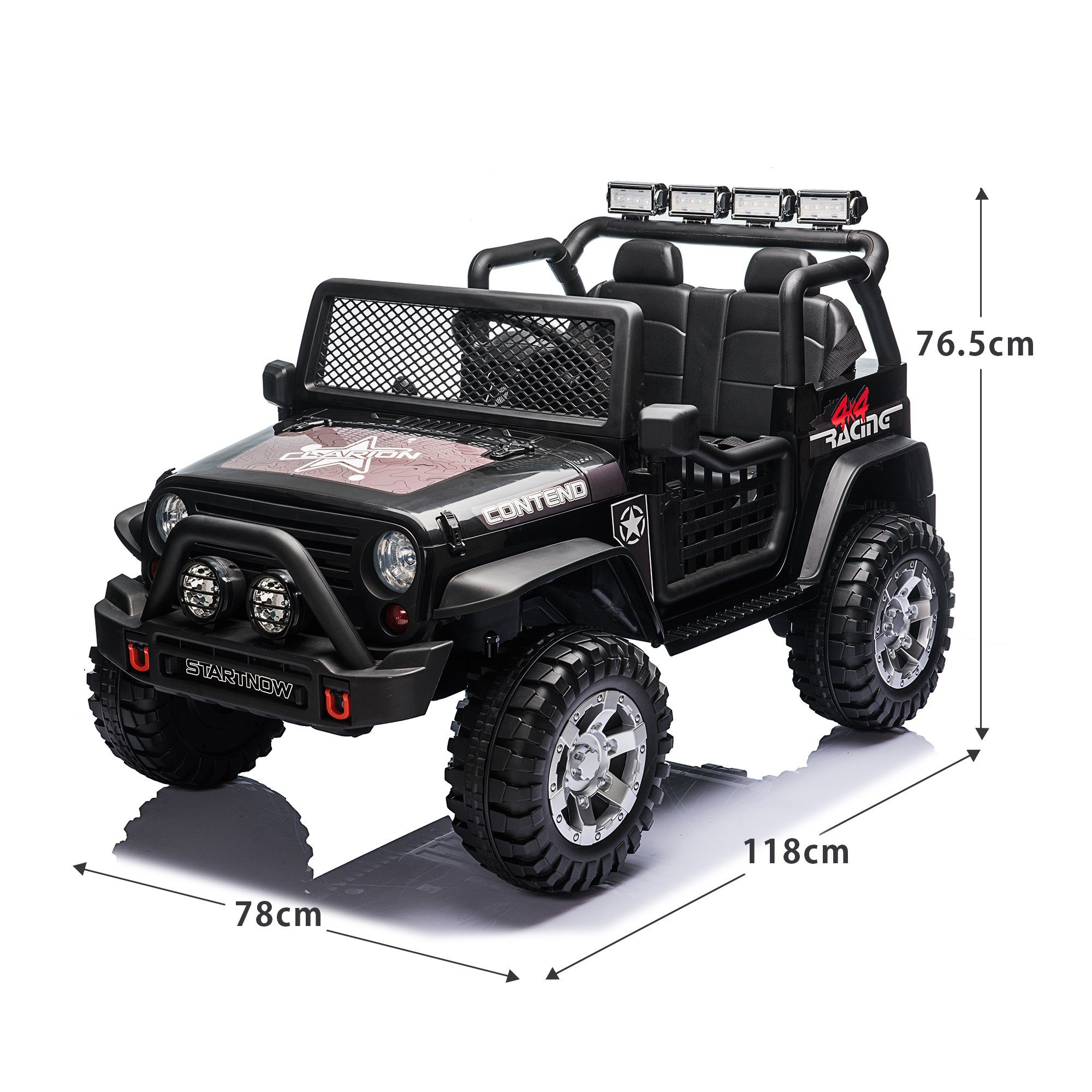 Carrinho elétrico infantil Merax, capacidade de carga 50 kg, com 2 lugares, equipado com entradas USB, AUX e Bluetooth, incluindo controle remoto.