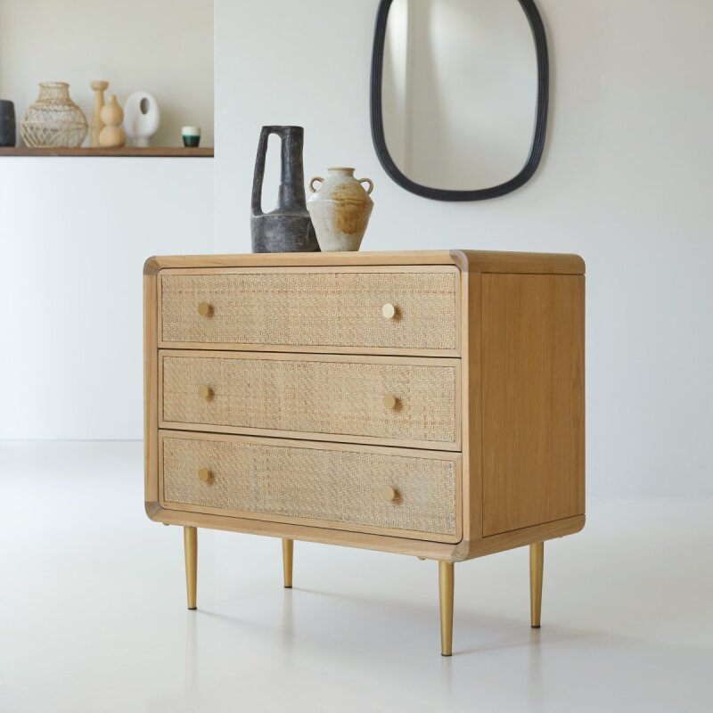 Commode de rangement en chêne massif et cannage Come