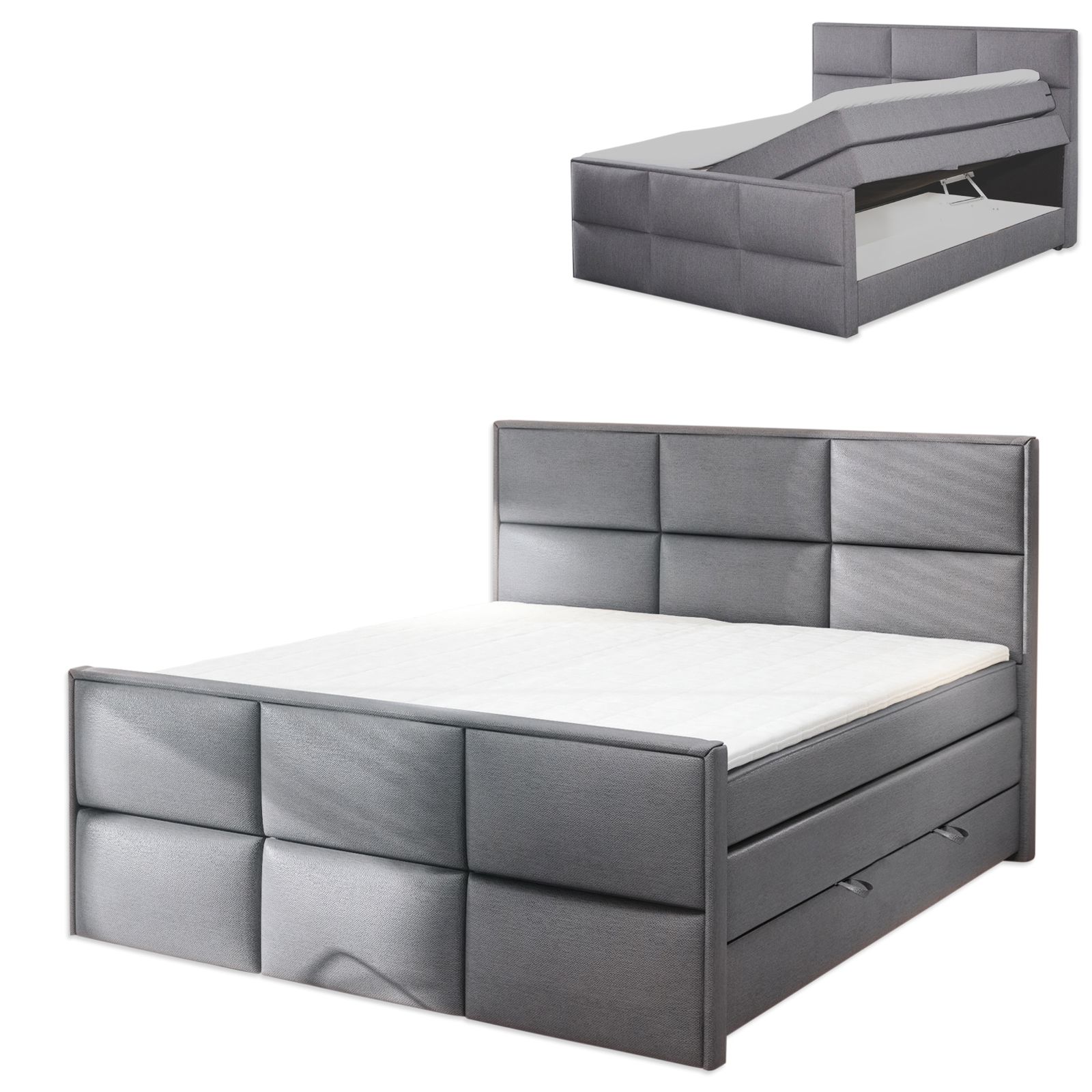 Boxspringbett - silber - Bettkasten - H3 - 180x200 cm