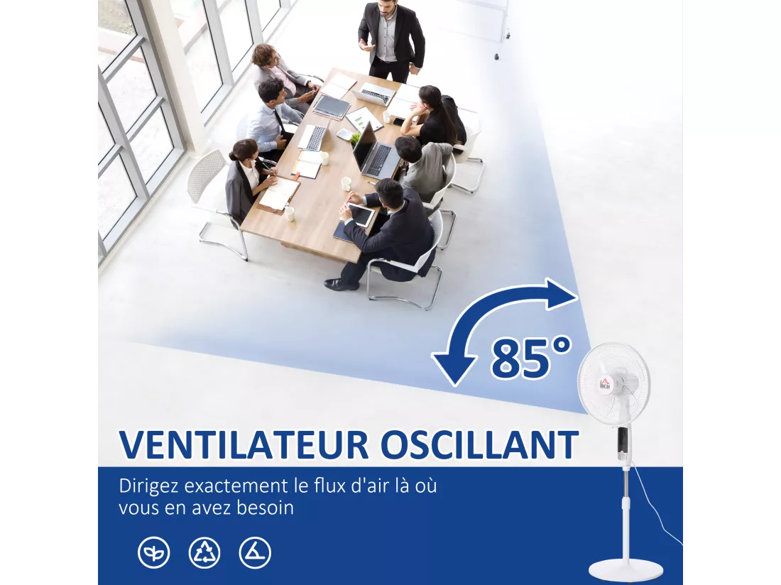 Ventilateur sur pied Ø 45 cm hauteur réglable oscillant silencieux 50 W avec télécommande timer 3 modes 3 vitesses blanc