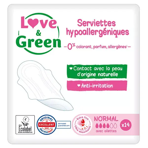 Absorventes higiênicos hipoalergênicos Love & Green, tamanho regular, pacote com 14 unidades
