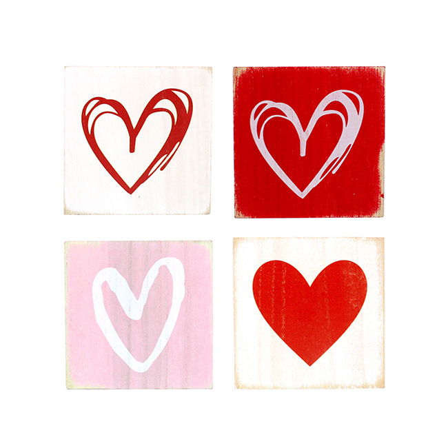 (4er Set) Holz Herz Deko Aufsteller Home Accessoire Valentinstag Tischdekoration - Rot / Rosa / Weiss