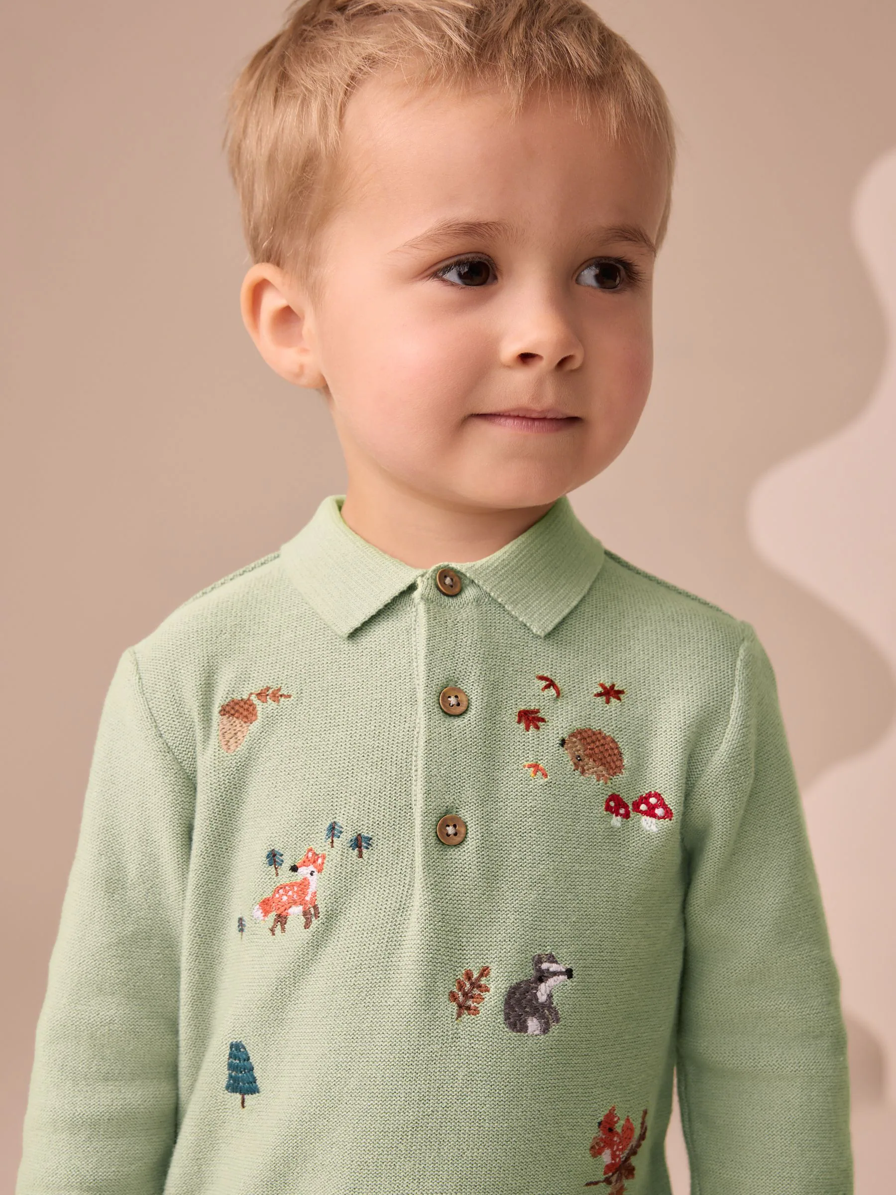 Grijs-groen - Gebreid poloshirt met all-over borduursel (3mnd-7jr)