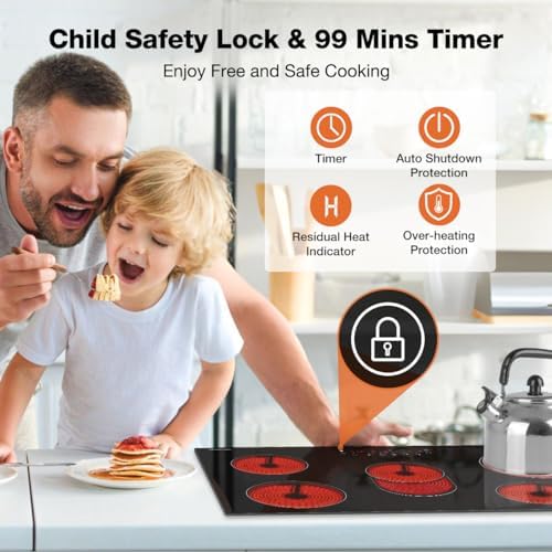 Thermomate 60cm Table de cuisson Vitrocéramique 4 Feux 6600W Encastrable Plaque Vitrocéramique Intégré, Commande Tactile, Verrou Pour Enfants, Minuterie, [Classe énergétique A ] : Gros électroménager