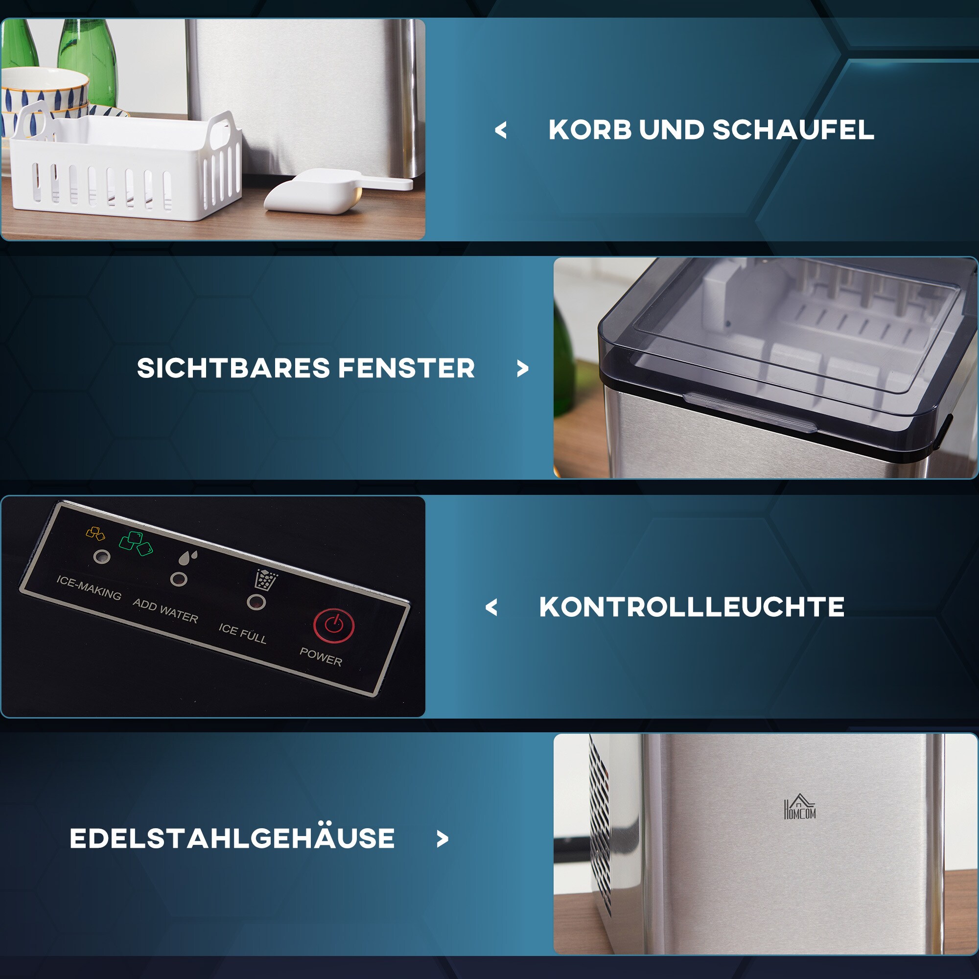 HOMCOM Eiswürfelmaschine mit 2 Eiswürfelgrößen und Selbstreinigungsfunktion schwarz 25.2W x 37.5D x 31.2H cm