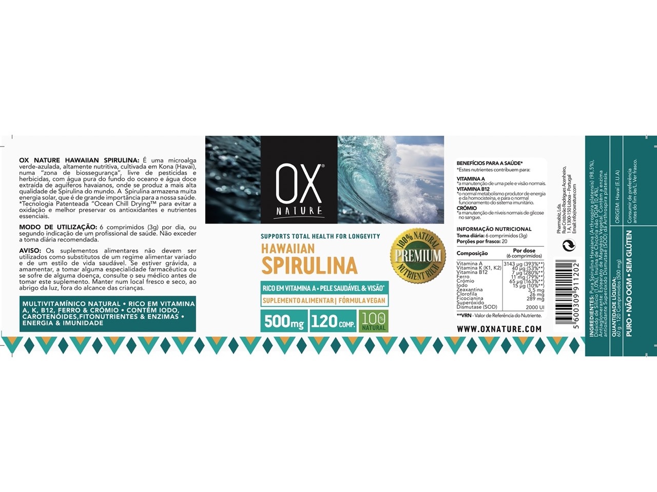 SUPLEMENTO OX NATURE SPIRULINA HAVAI 120 CAPS