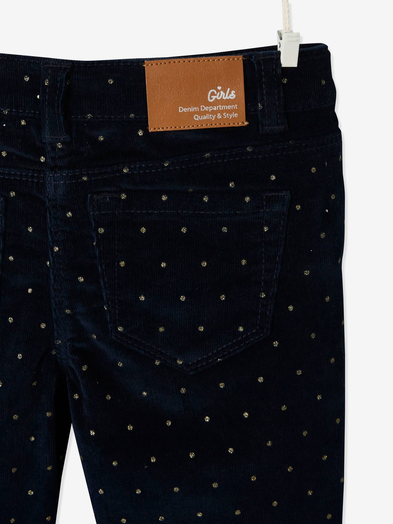 Calças de veludo cotelê slim fit da MorphologiK com bolinhas iridescentes para meninas, com modelagem ajustada no quadril e estampa verde médio.