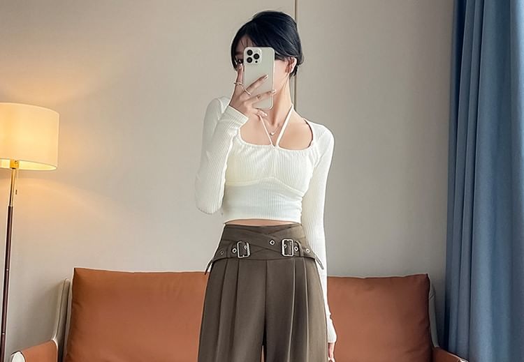 palajana - High Rise Plain Cross Strap Wide Leg Pants (Diverse ontwerpen)