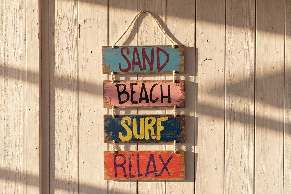 Maritimes Wandschild SURF & BEACH 110cm buntes Holzdesign Deko-Schild