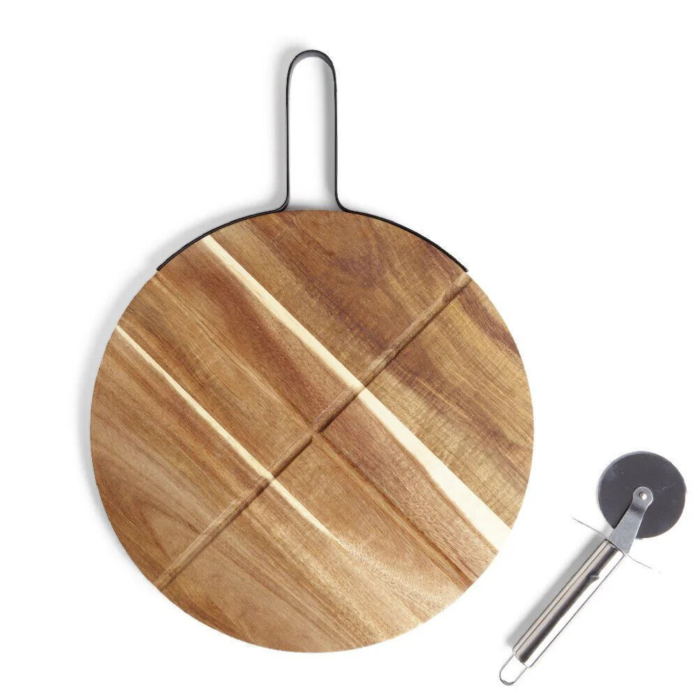 Plateau à pizza en bois avec roulette en acier