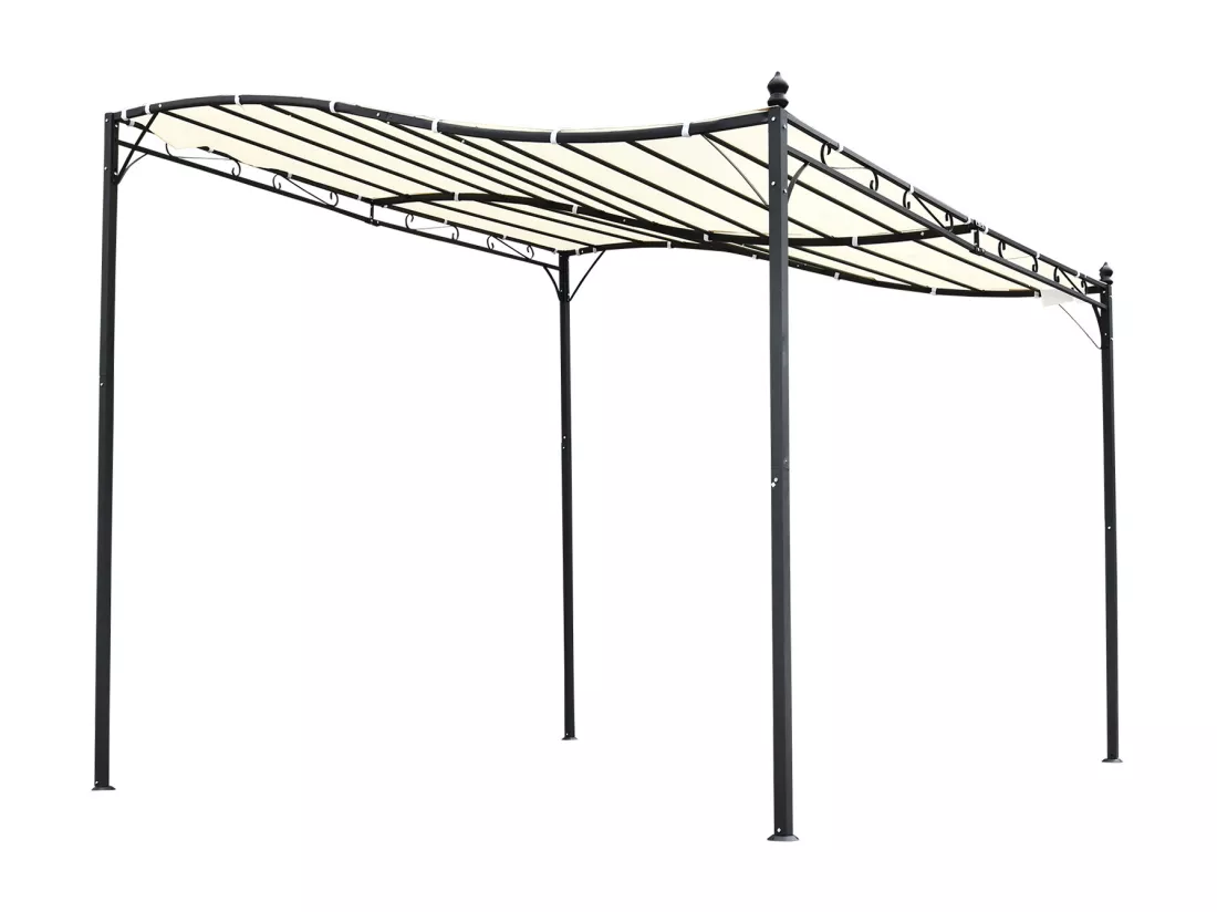 Pergola tonnelle de jardin auvent 2,97 x 2,97 m adossable métal noir polyester anti-UV beige