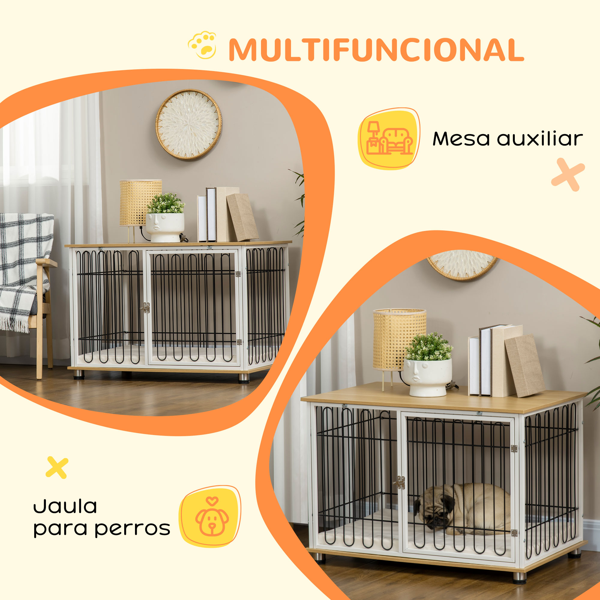 Gaiola para cães PawHut para uso doméstico, 90x58x62,5 cm, com mesa lateral, almofada lavável, porta com trava e grades de aço, cor carvalho.