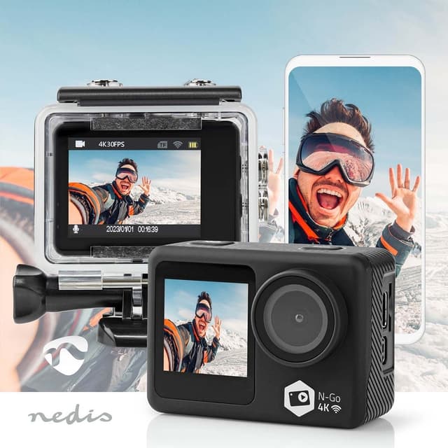 Nedis Action Cam | Dobbelt Skærm | 4K@30fps | 16 MPixel | Vandtæt op til: 30.0 m | 90 min | Wi-Fi | App tilgængelig til: Android™ / IOS | Montering inkluderet | Sort