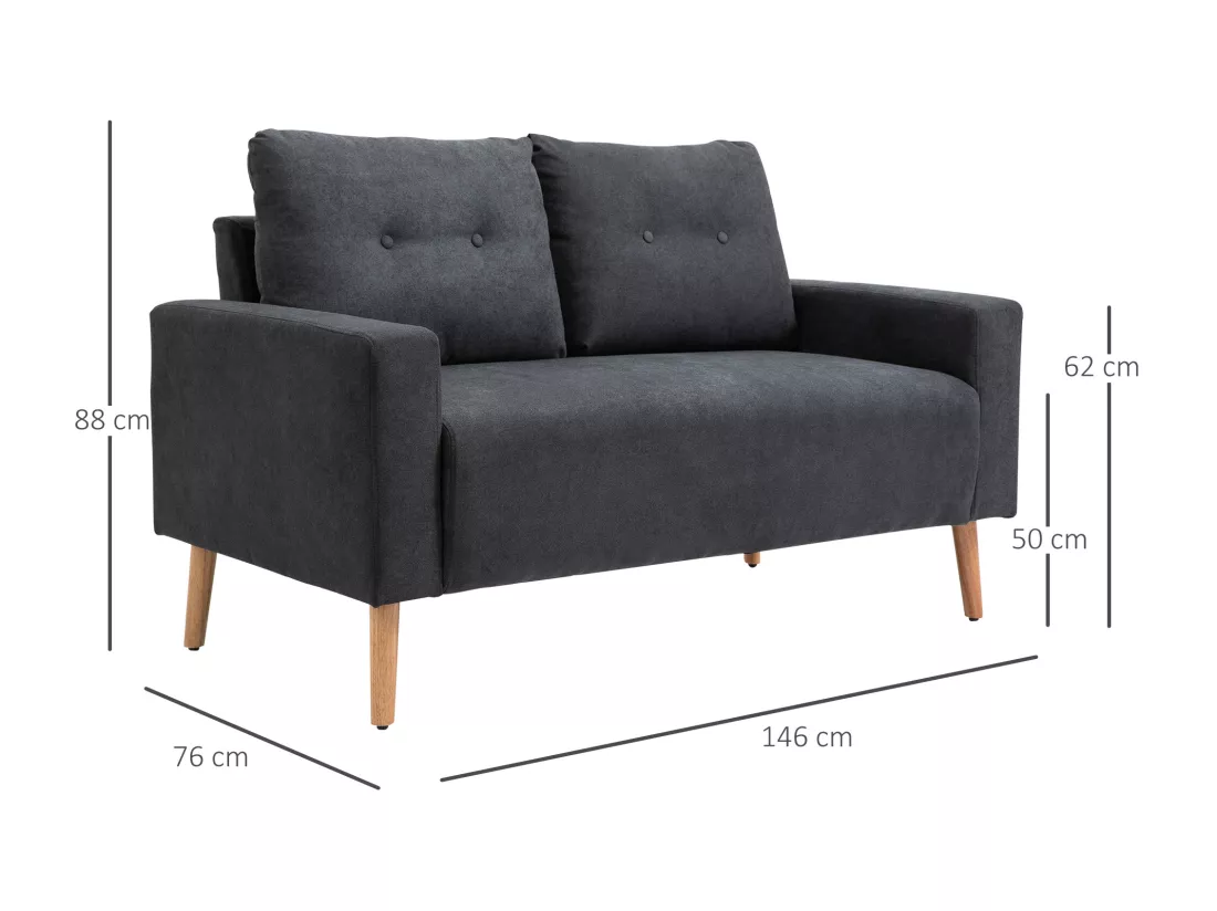 Canapé 2 places design scandinave dim. 145L x 76l x 88H cm pieds bois massif tissu gris foncé