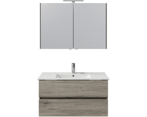 Badkamermeubelset Pelipal Cavallino (B x H x D 100 x 200 x 46 cm), frontkleur: Sanremo eiken, met witte keramische wastafel, badmeubel en spiegelkast met LED-verlichting