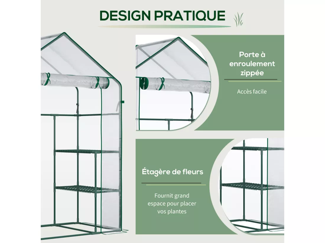 Serre de jardin 6 étagères - dim. 142L x 73l x 195H cm - porte - acier thermolaqué PVC haute densité anti-UV - transparent vert