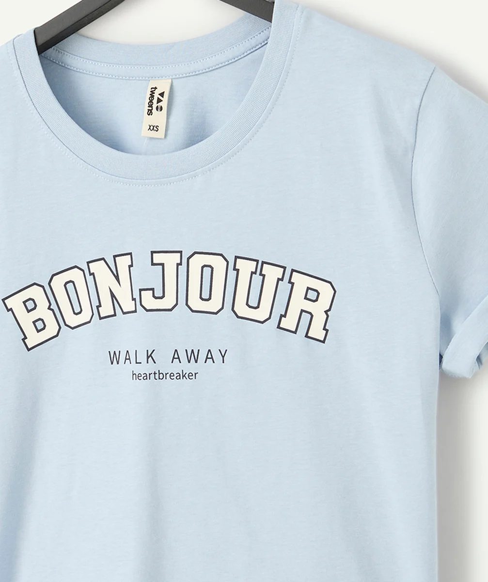 t-shirt manches courtes fille en coton bio bleu bébé et message bonjour