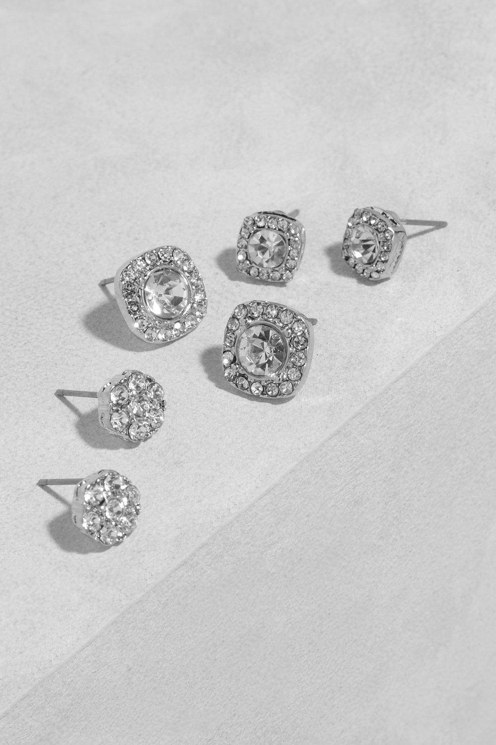 boohoo Silver Square Diamante Stud 3 Pack
