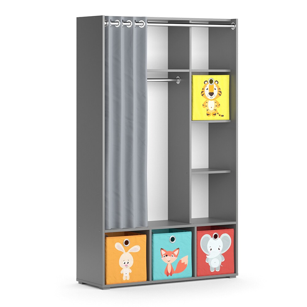 Vicco Kinderkleiderschrank Kinderzimmerschrank Kindergarderobe Luigi Grau Faltbox 106 x 178 cm modern Schrankregal Jugendzimmerschrank Organizer Vorhang Kleiderstange Fächer Aufbewahrung Spielzeugablage