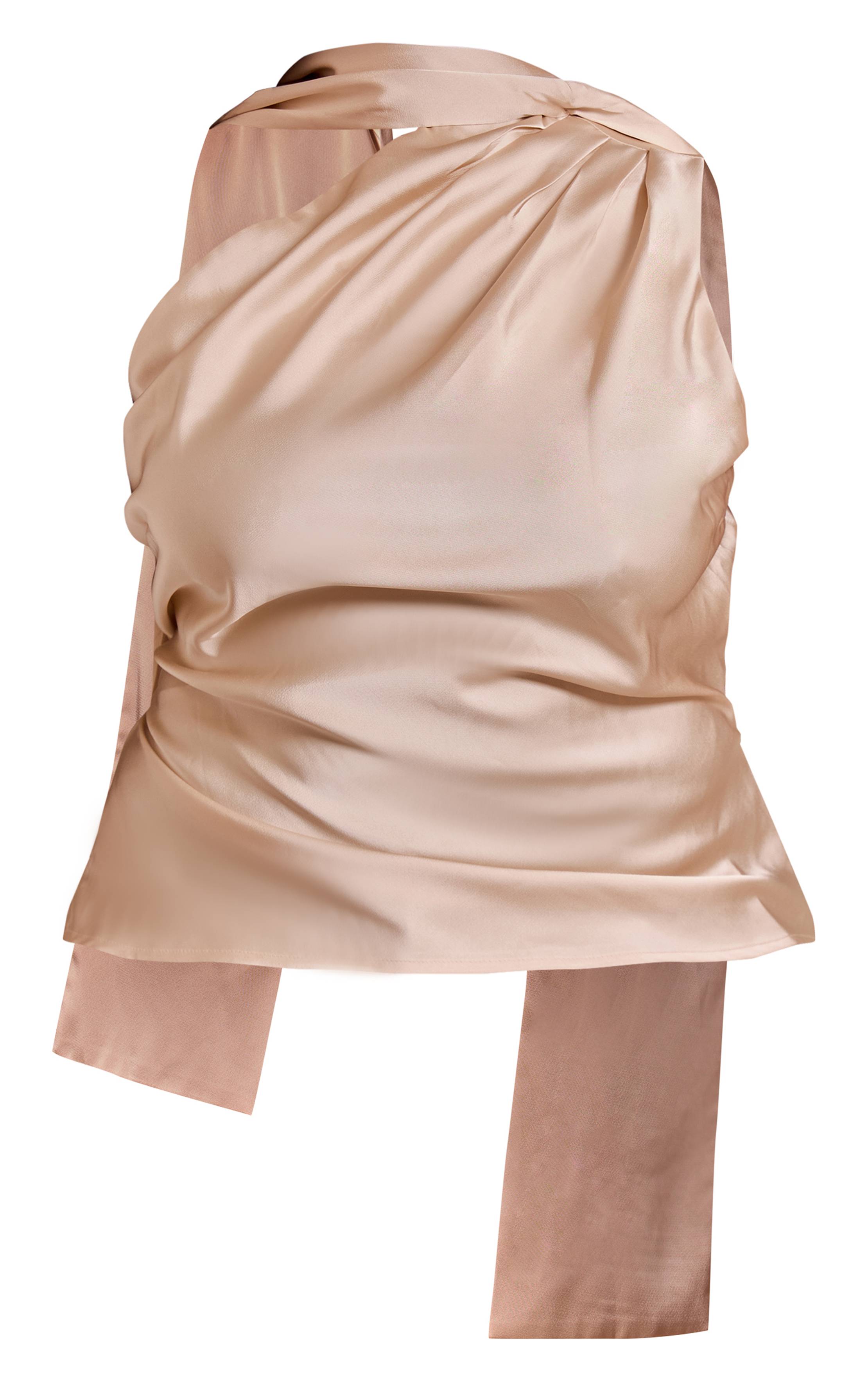 Beige Haut Grande Taille En Satin À Détail Foulard Asymétrique