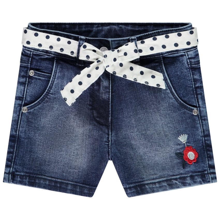 Short denim avec ceinture foulard imprimé pois et fleur brodée pour fille - Bleu
