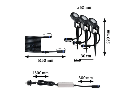 Paulmann Plug & Shine LED grondpen starterset IP67 dimbaar 3x6,4W 270 lm 3000K Sting antraciet 230/24V 3 stuks